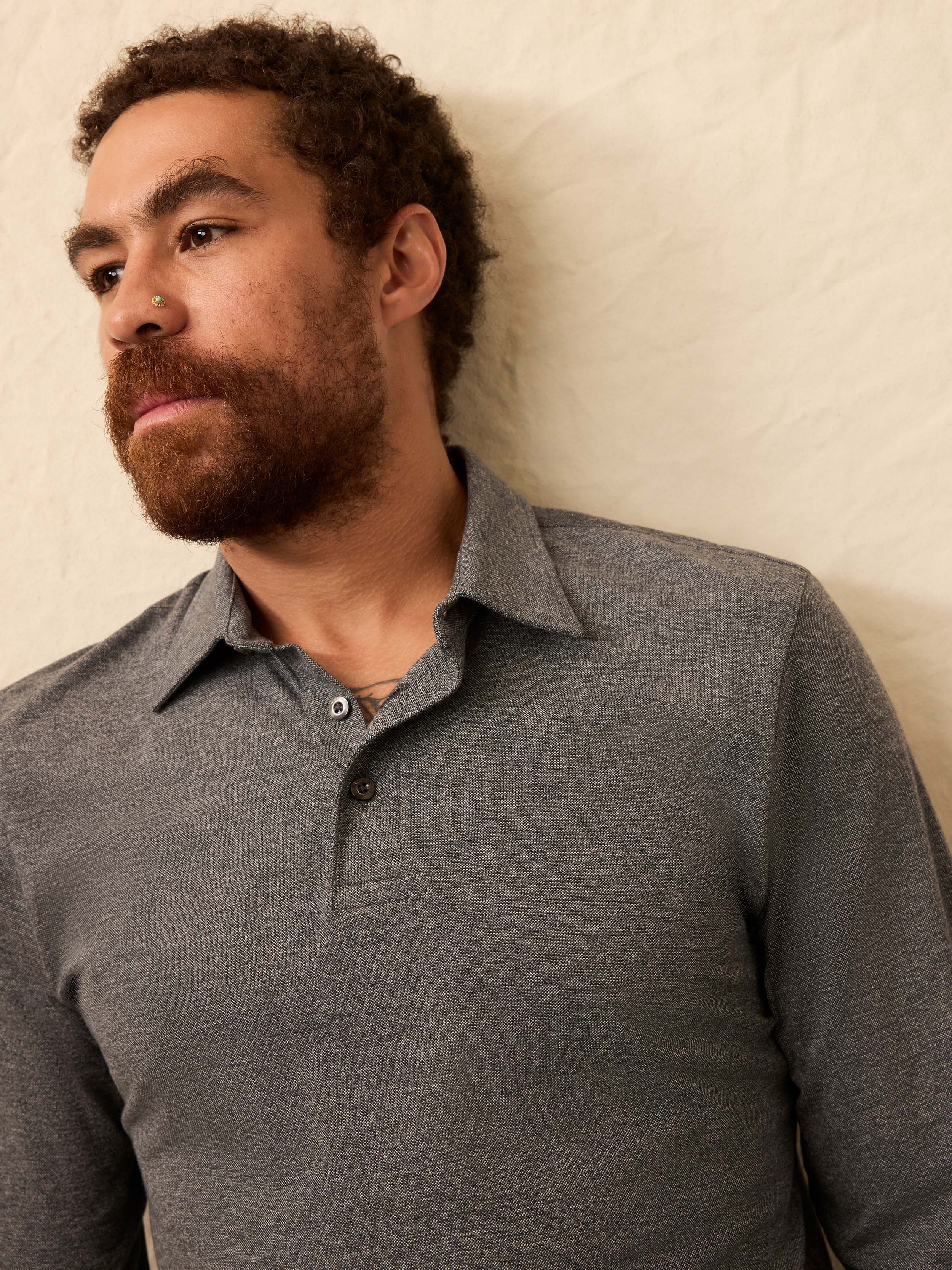 Long-Sleeve Movementâ„?Pique Polo - Dusty Iron Heather