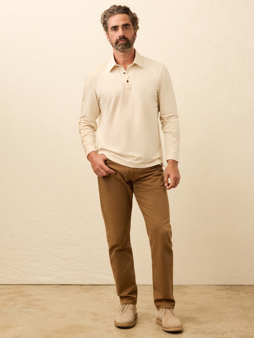 Long-Sleeve Twill Knit Polo - Coastal Cream