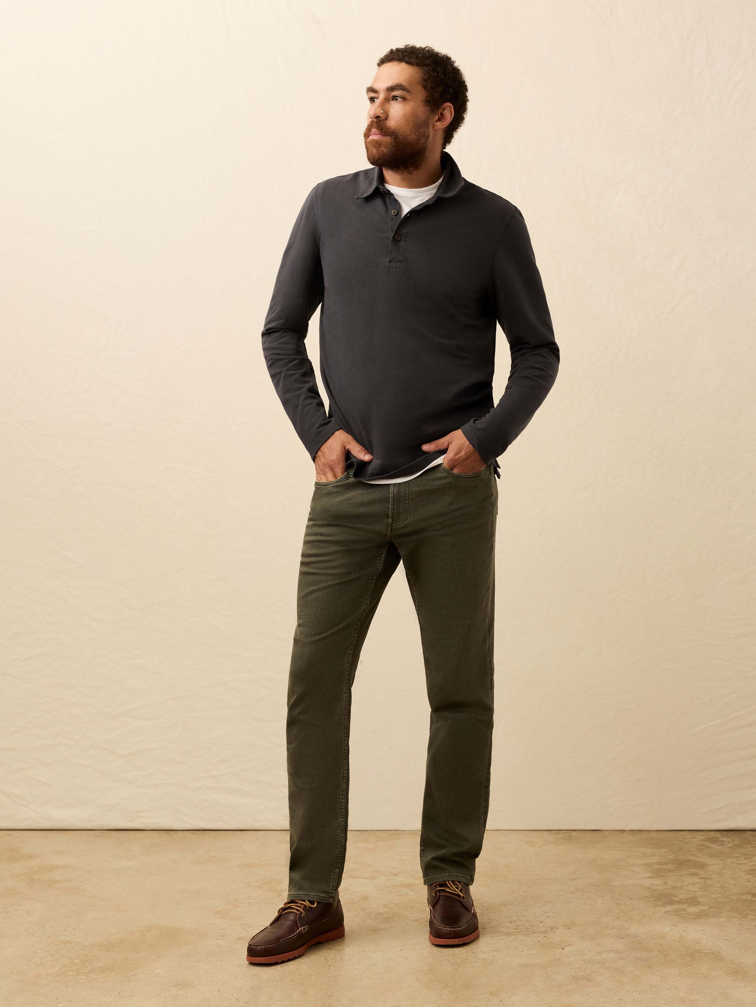 Long-Sleeve Twill Knit Polo - Washed Charcoal