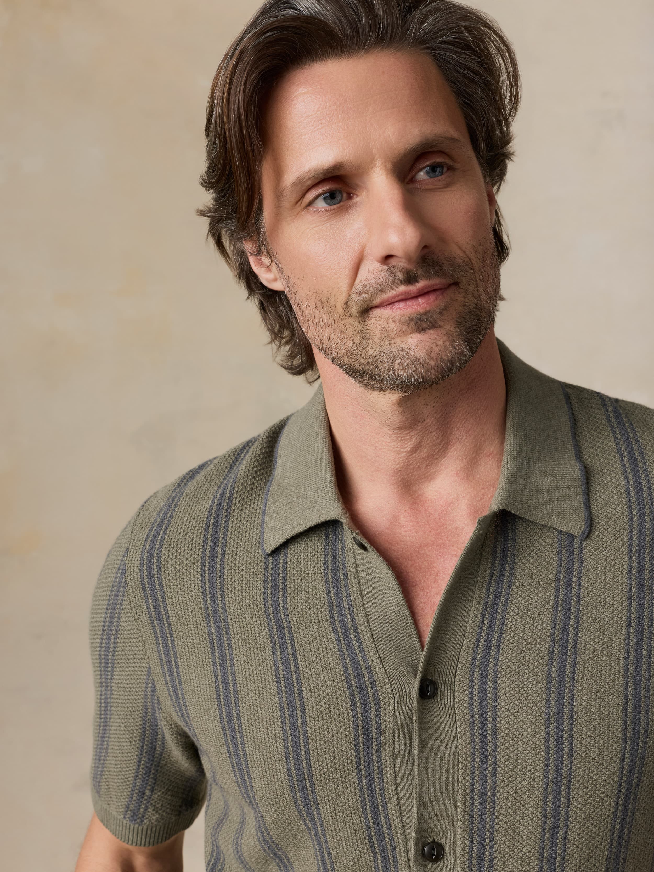 Short-Sleeve Sweater Shirt - Olive Safari Stripe