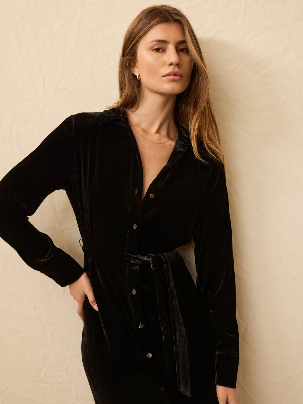 Stretch Silk Velvet Riley Midi Dress - Black