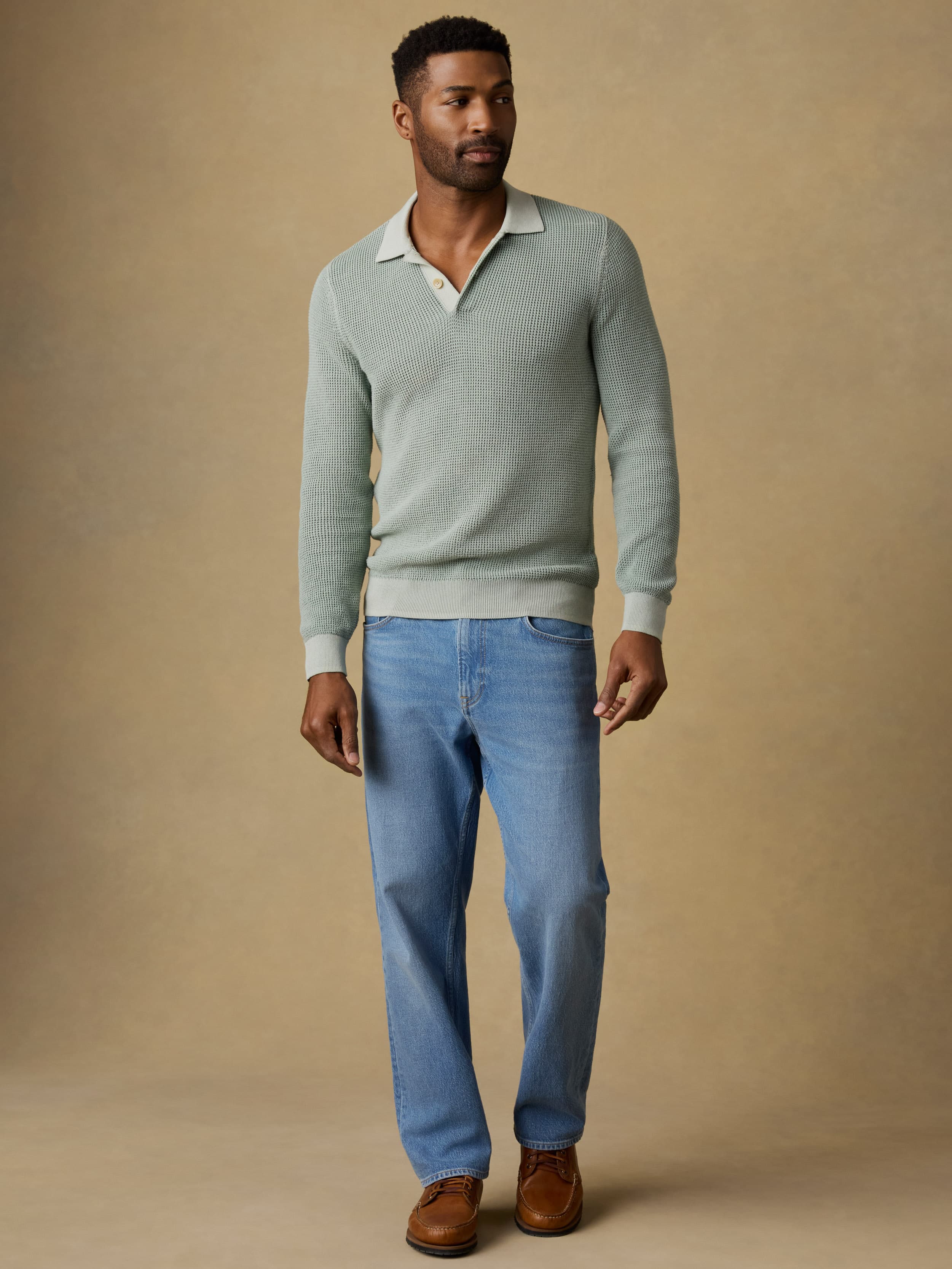 Long-Sleeve Sunwashed Sweater Polo - Sea Break
