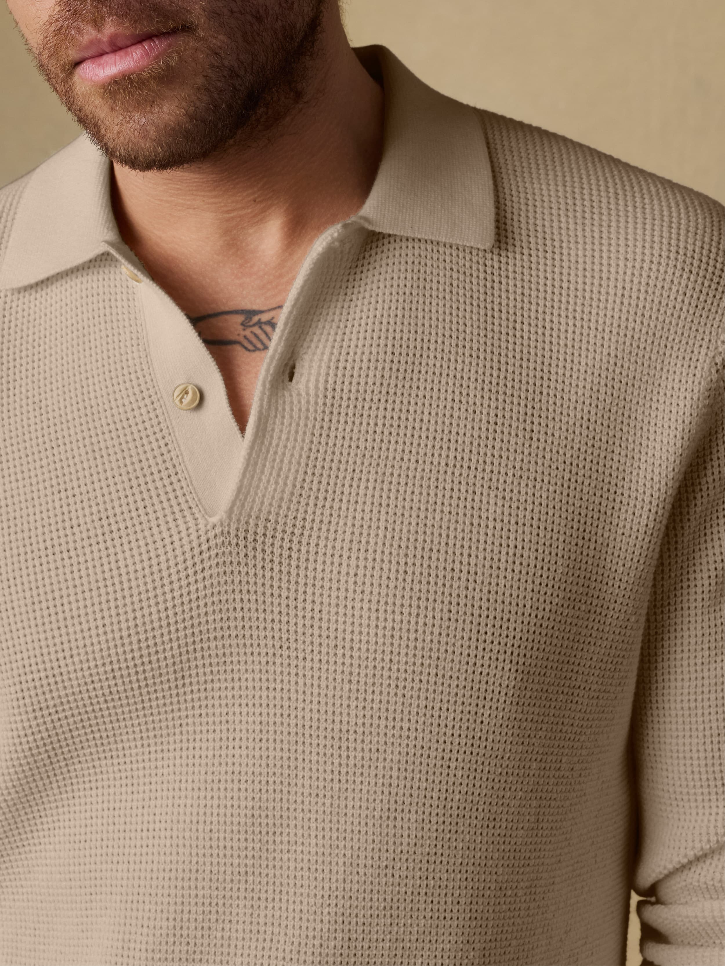 Long-Sleeve Sunwashed Sweater Polo - Natural