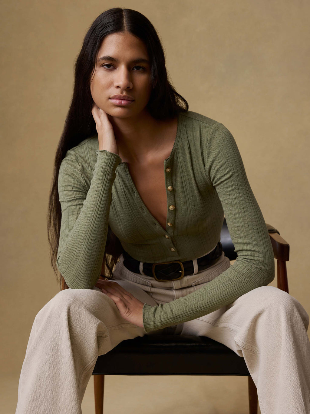 Paradise Pointelle Henley - Island Olive